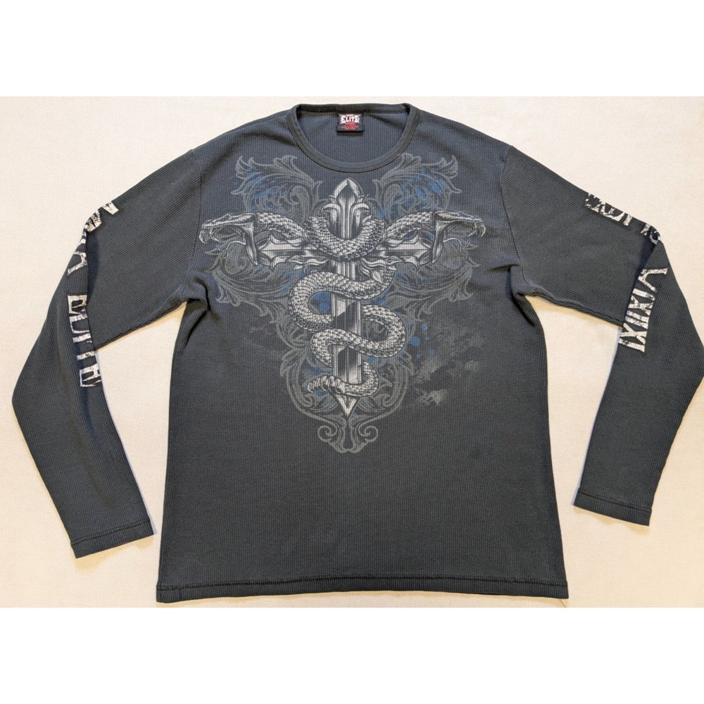 MMA Elite Shirt Mens XL Black Thermal Long Sleeve Snake Cross Y2K Tattoo UFC